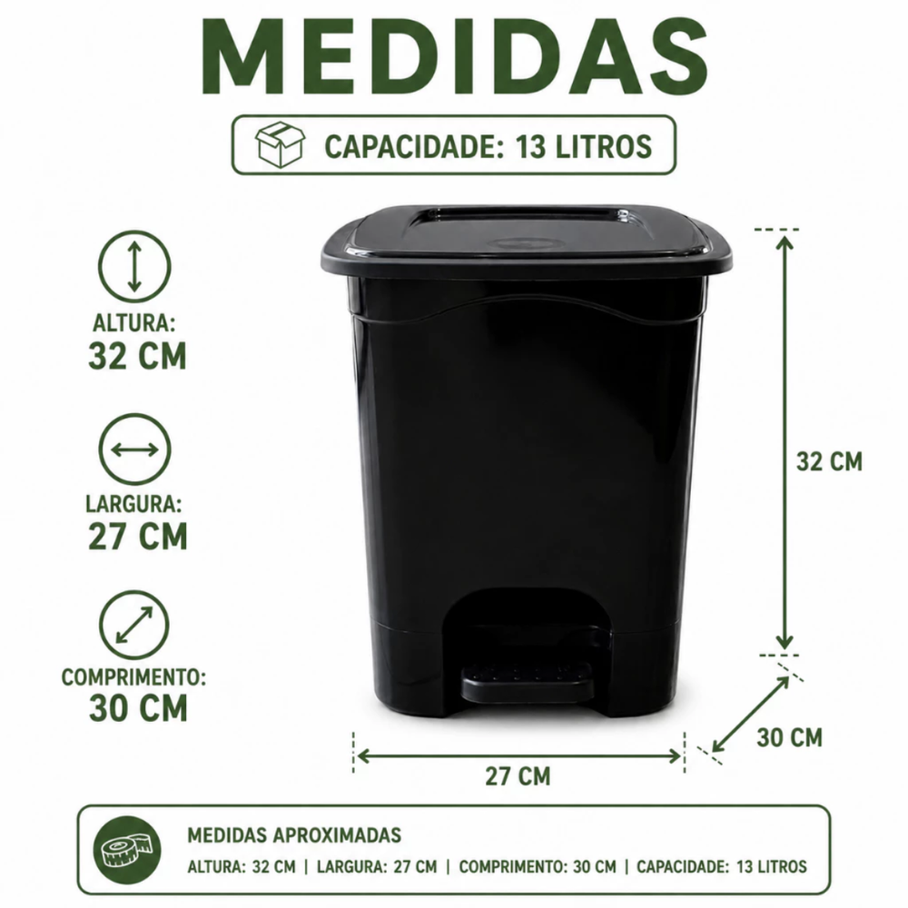 Lixeira Quadrada 13L com Pedal e Tampa Reforçada