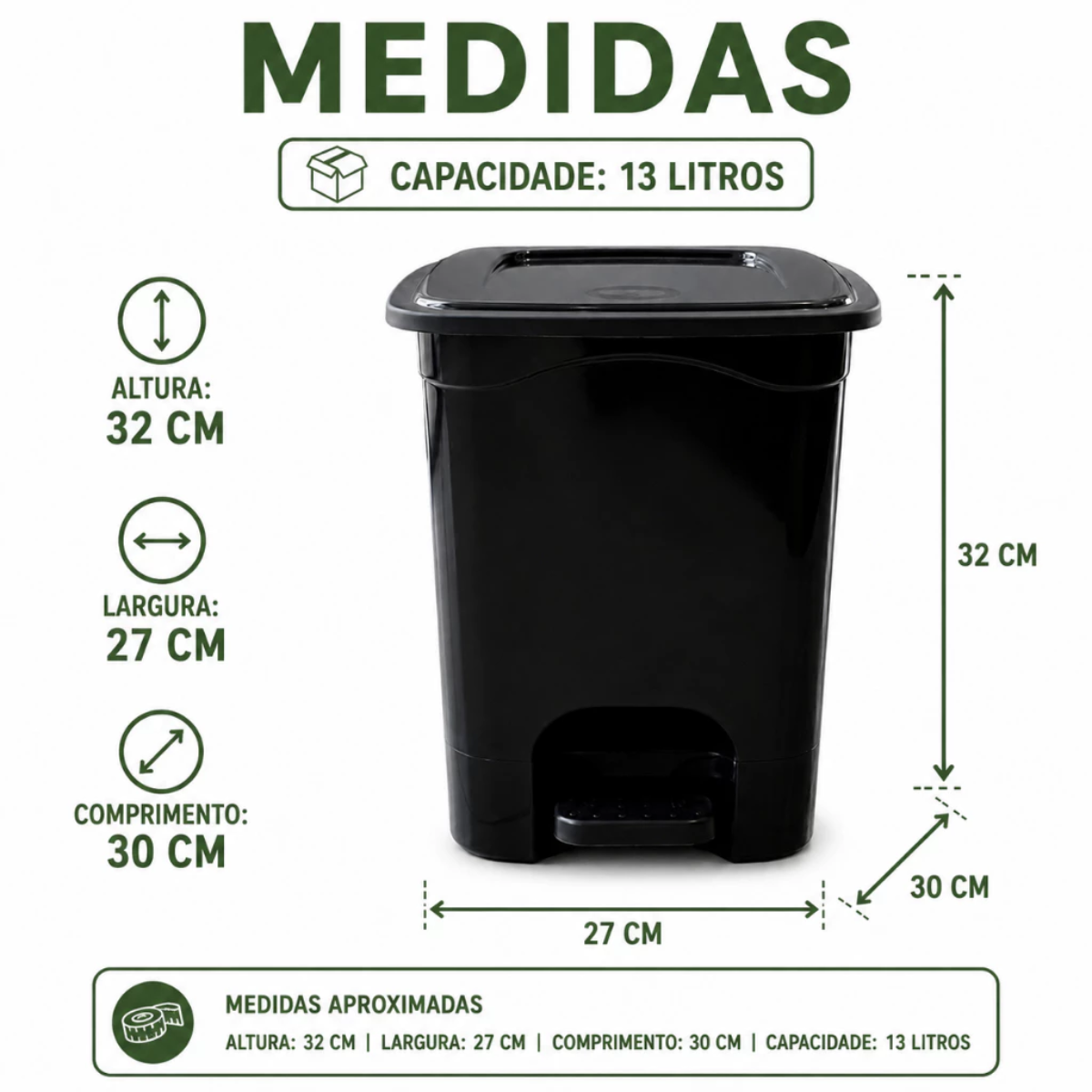 Lixeira Quadrada 13L com Pedal e Tampa Reforçada