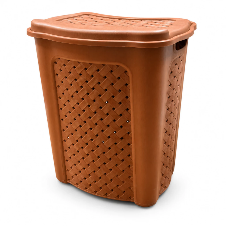 Cesto de Roupa Suja 45 L Rattan Cor Terracota com Tampa e Alça
