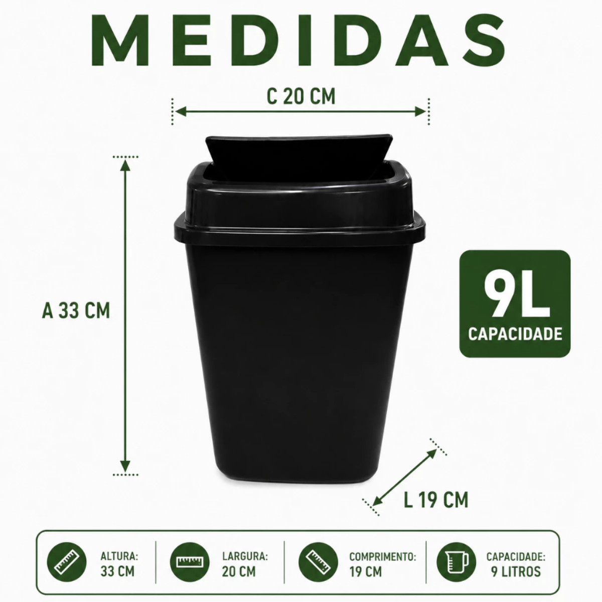 Lixeira Preta 9 Litros com Tampa Basculante Multiuso