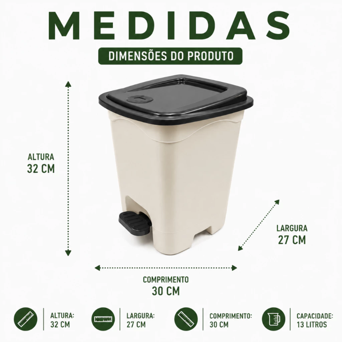 Lixeira Quadrada 13 L Branca com Tampa Preta Pedal Reforçado