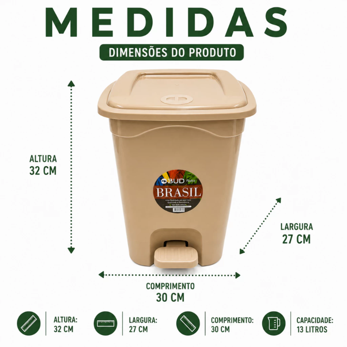 Lixeira Quadrada 13 L Bege com Pedal e Tampa Reforçada