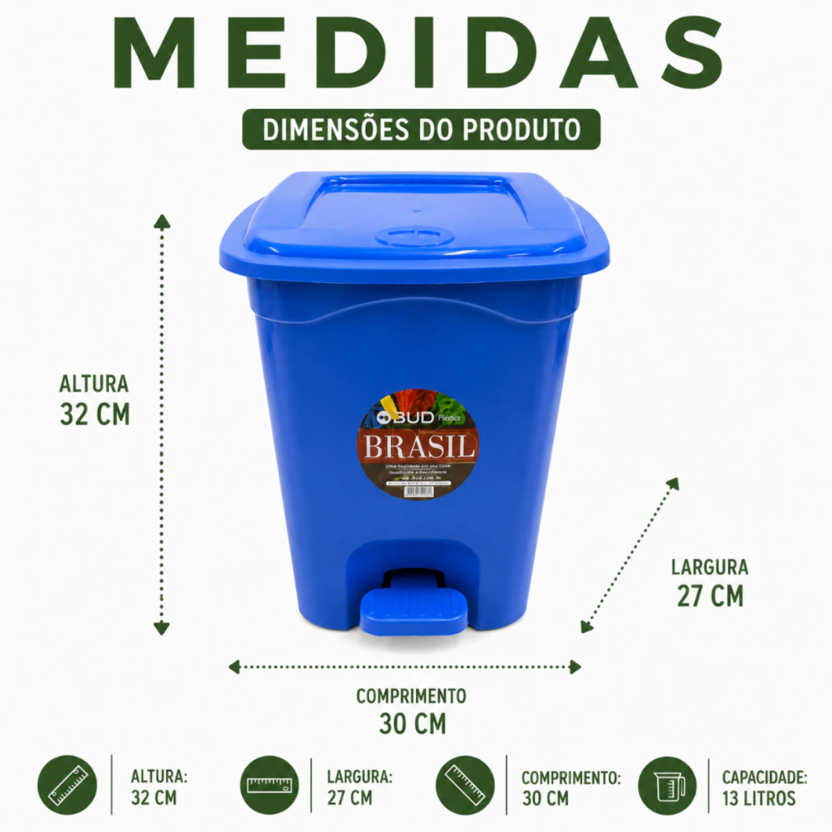 Lixeira 13 L Quadrada Azul com Pedal e Tampa para Cozinha
