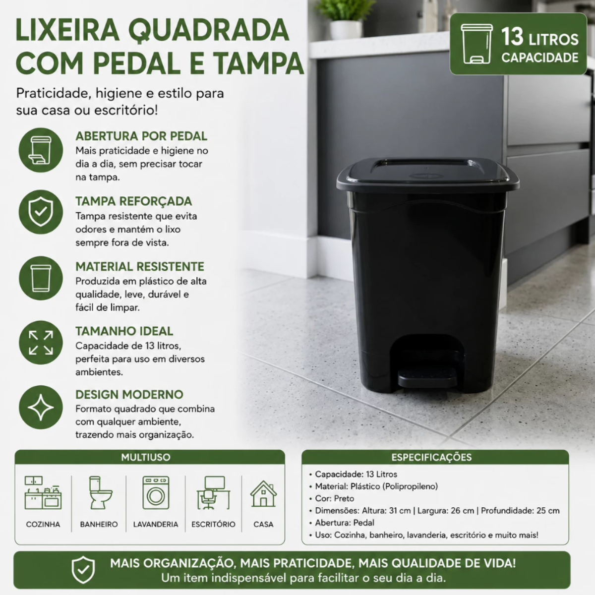 Lixeira Quadrada 13L com Pedal e Tampa Reforçada