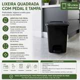 Lixeira Quadrada 13L com Pedal e Tampa Reforçada