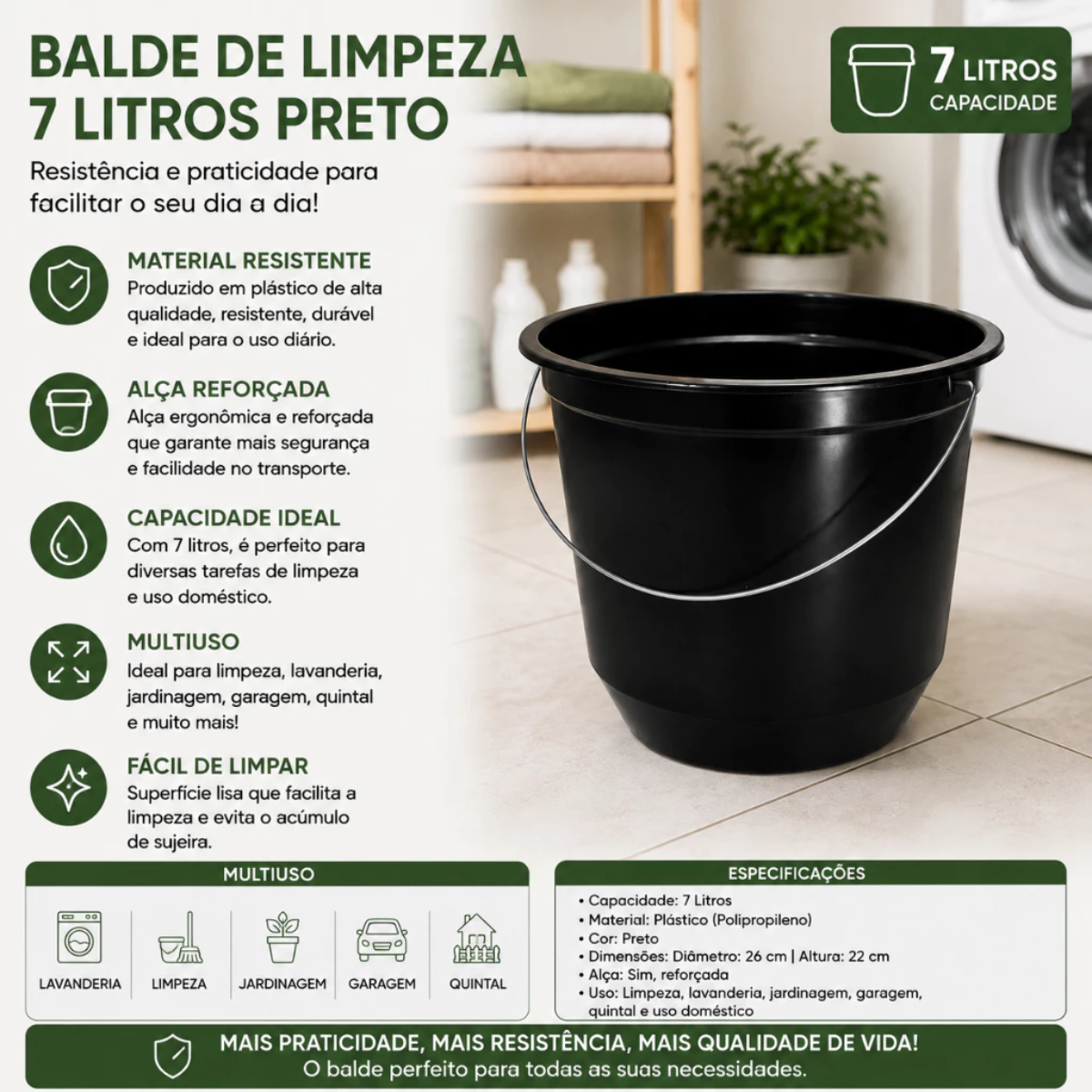 Balde de Limpeza 7 Litros Preto Resistente Multiuso