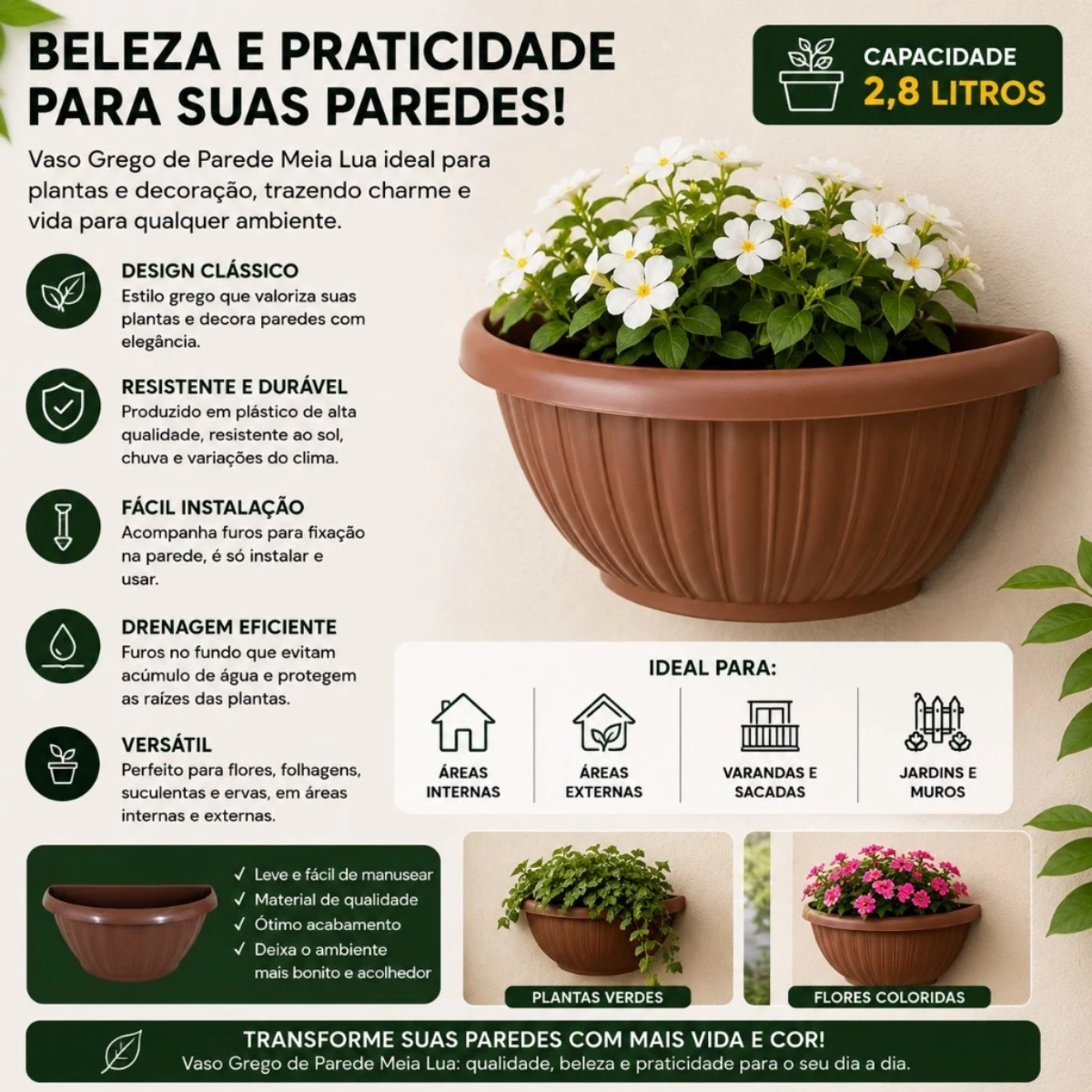 Vaso Grego de Parede Terracota Meia Lua