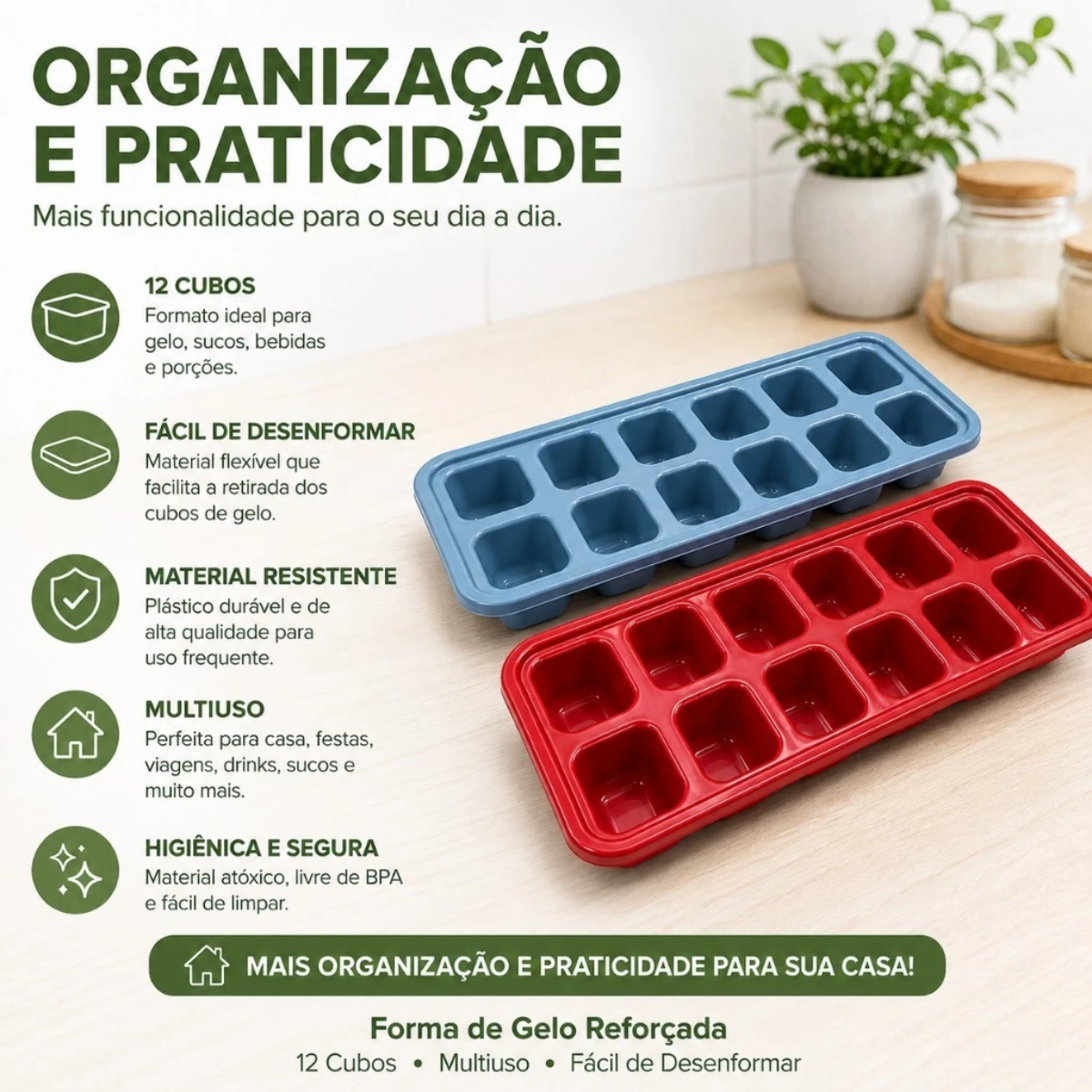 Forma de Gelo Reforçada Multiuso Fácil de Desenformar Para Freezer