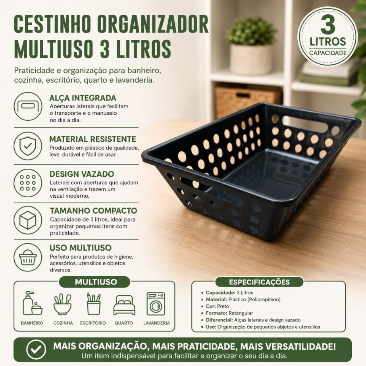 Cestinho Organizador Multiuso Pequeno com Alça