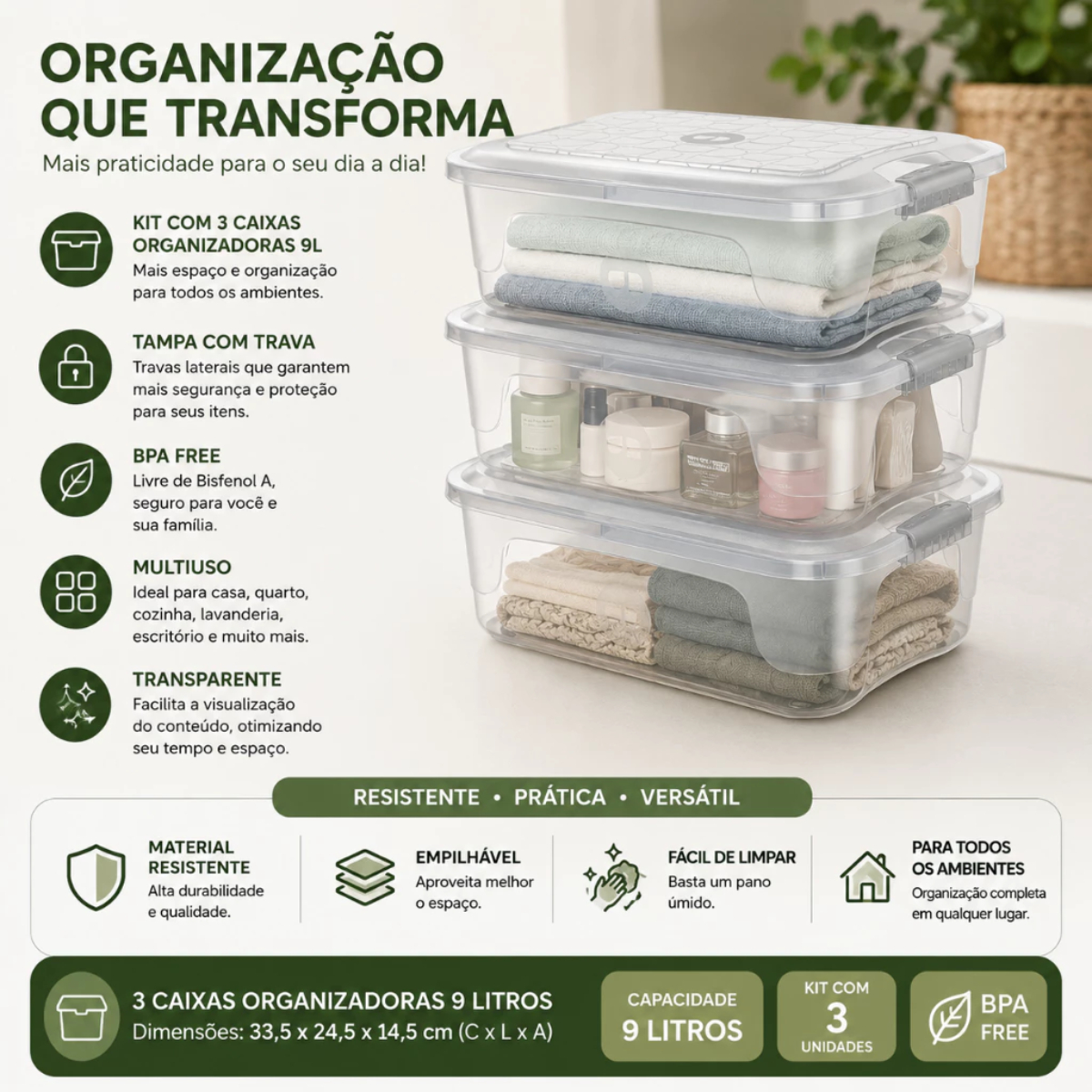 Kit de Organização Modular Transparente 9L com Travas de Segurança
