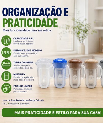 Jarra de Suco Redonda com Tampa Colorida 3,5L Multiuso