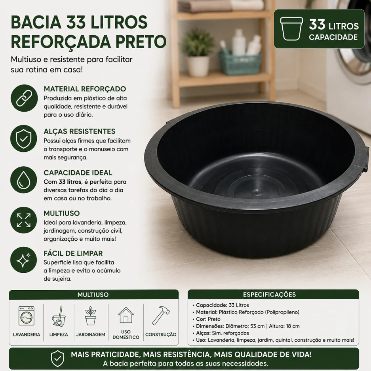Bacia 33 Litros Preta Reforçada com Alça Multiuso