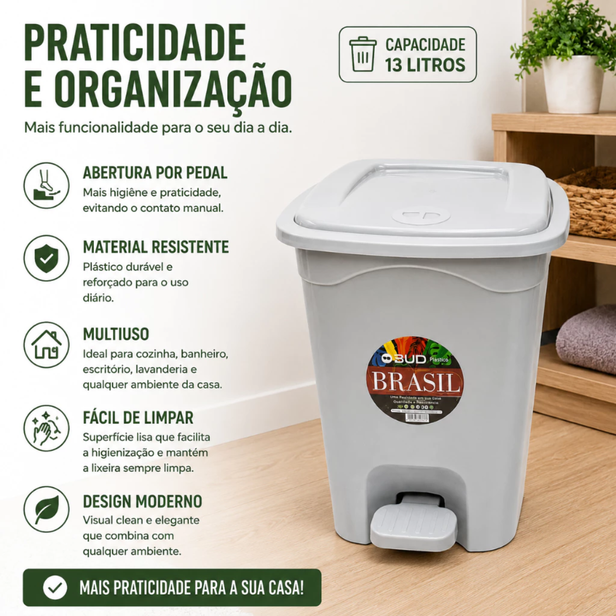 Lixeira com Pedal 13L - Linha Higiene & Organização