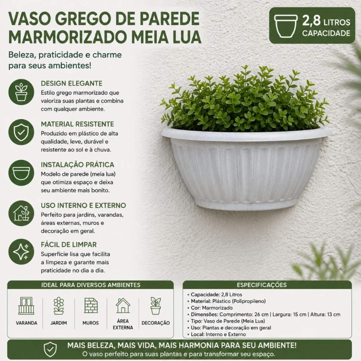 Vaso Grego de Parede Marmorizado Meia Lua 2,8L