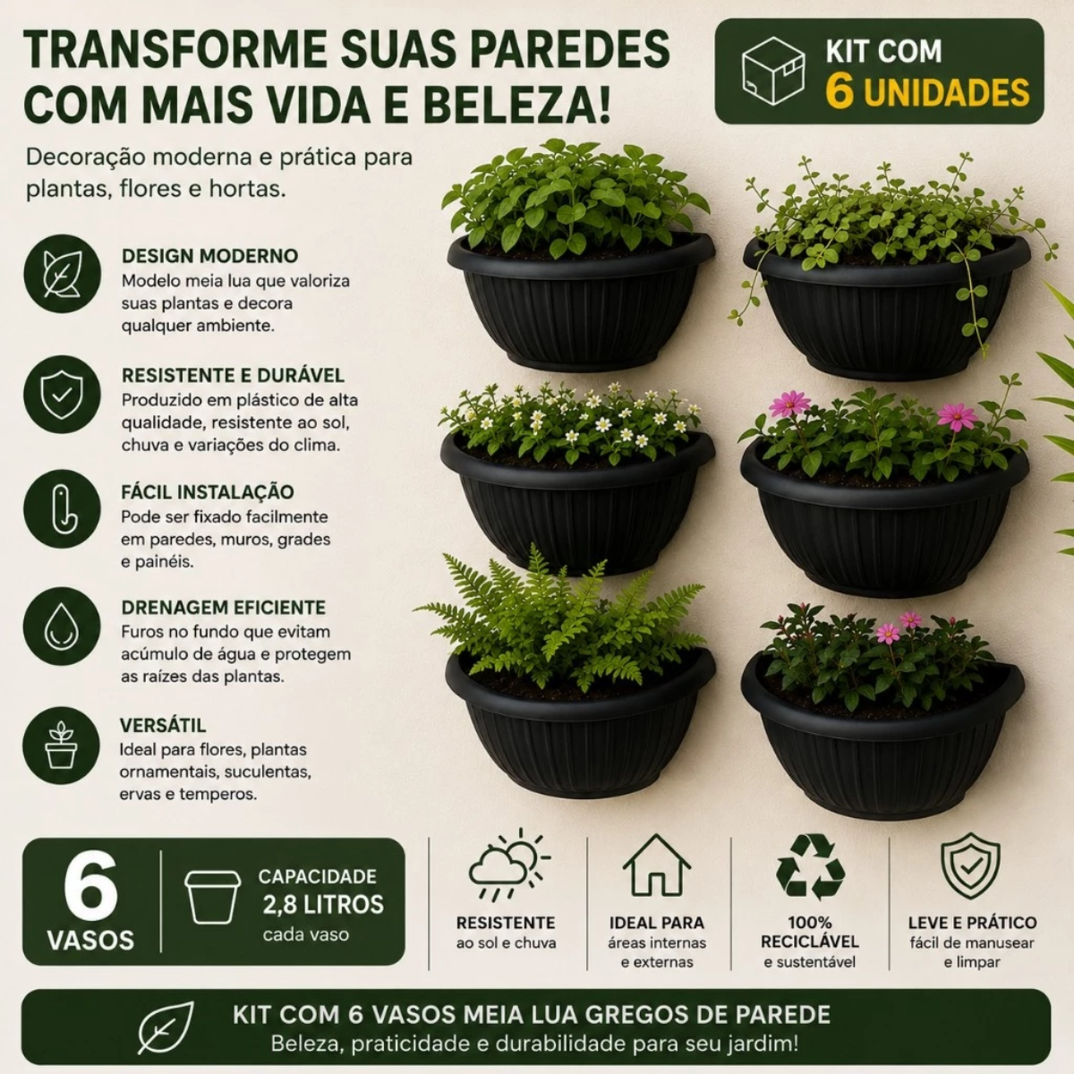 Vaso para Planta de Parede Meia Lua 2,8 Litros