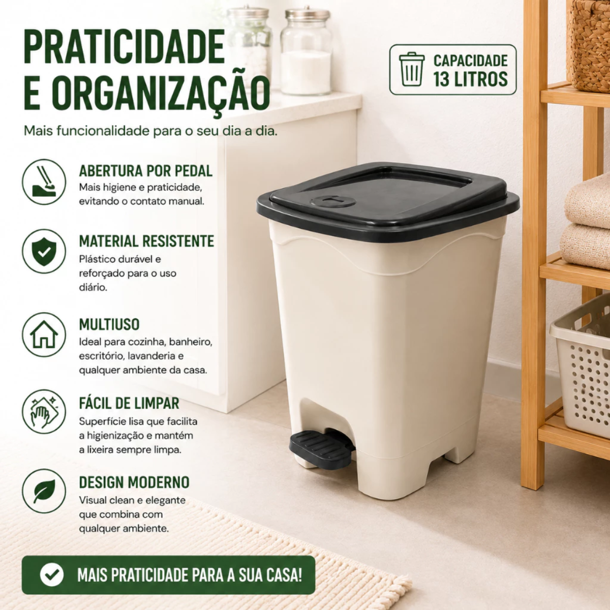 Lixeira Quadrada 13 L Branca com Tampa Preta Pedal Reforçado
