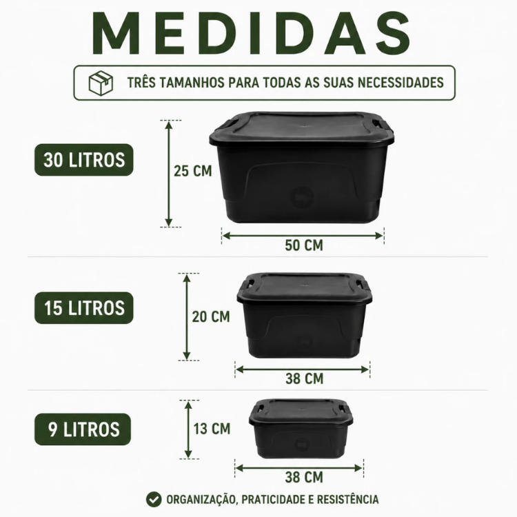 Caixa Cesto Organizador Tampa com Trava 9L/15L e 30L Organização Multiuso