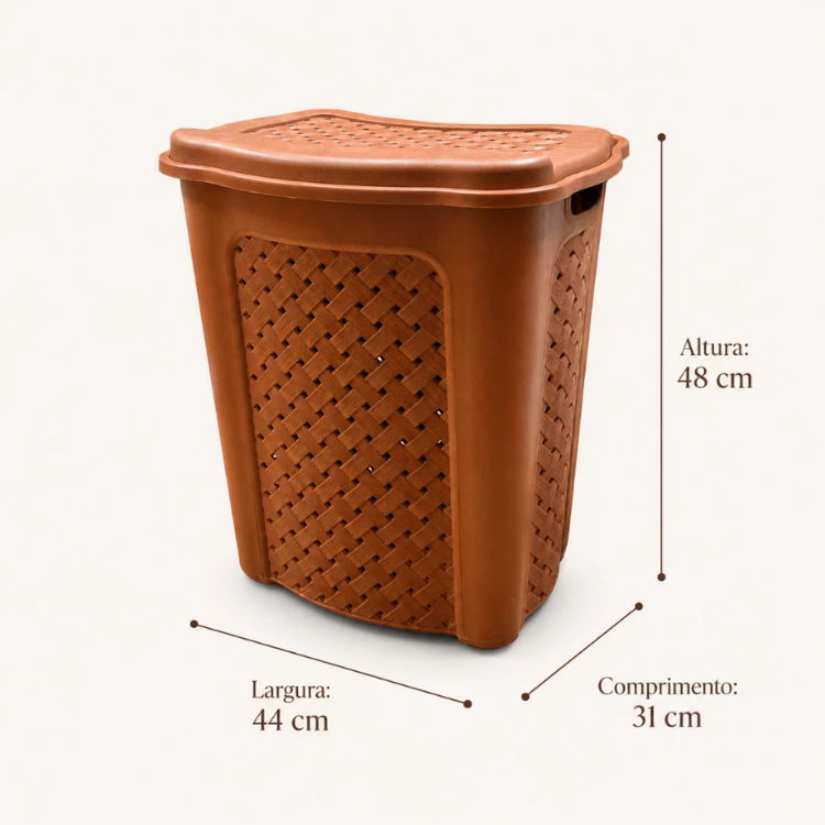 Cesto de Roupa Suja 45 L Rattan Cor Terracota com Tampa e Alça