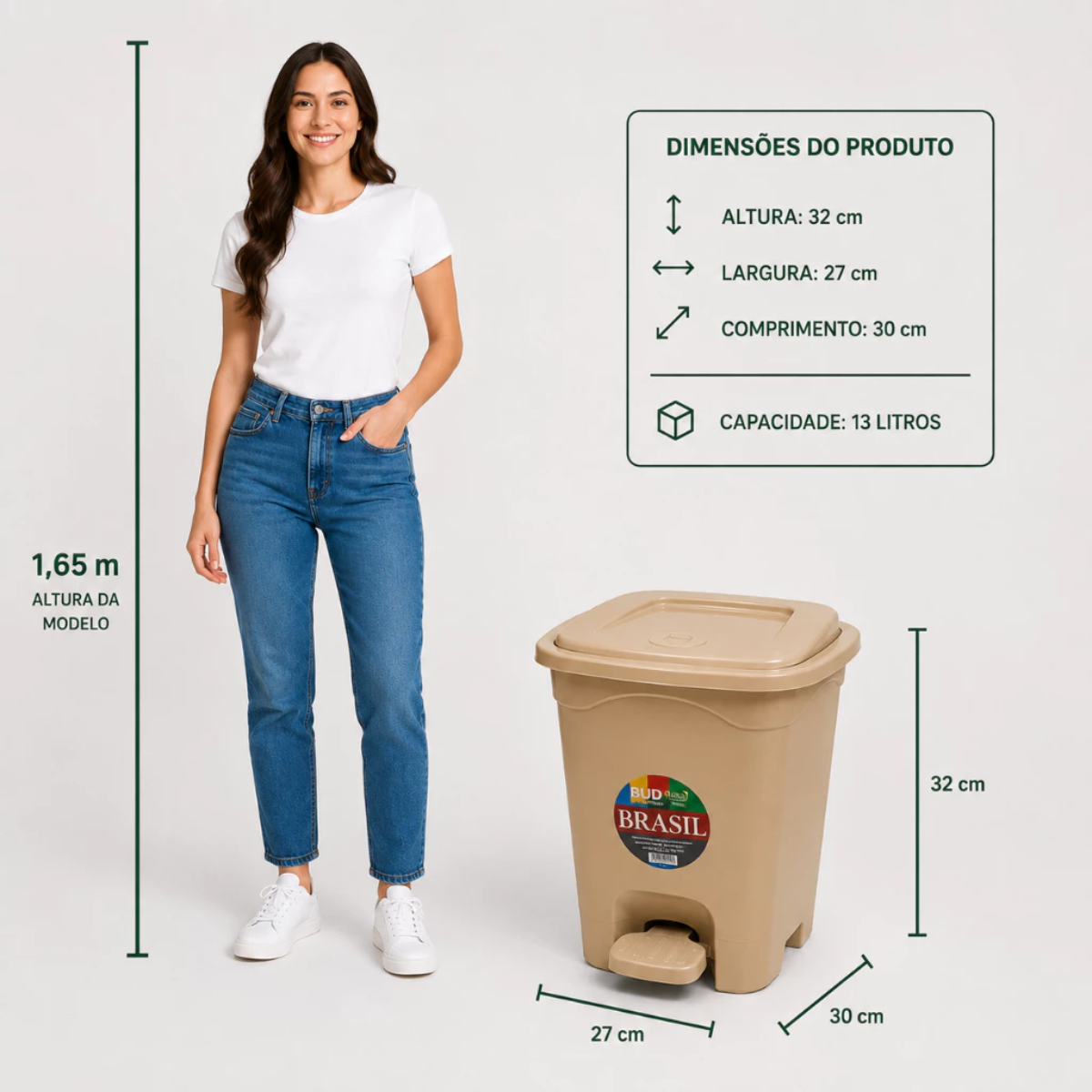 Lixeira Quadrada 13 L Bege com Pedal e Tampa Reforçada