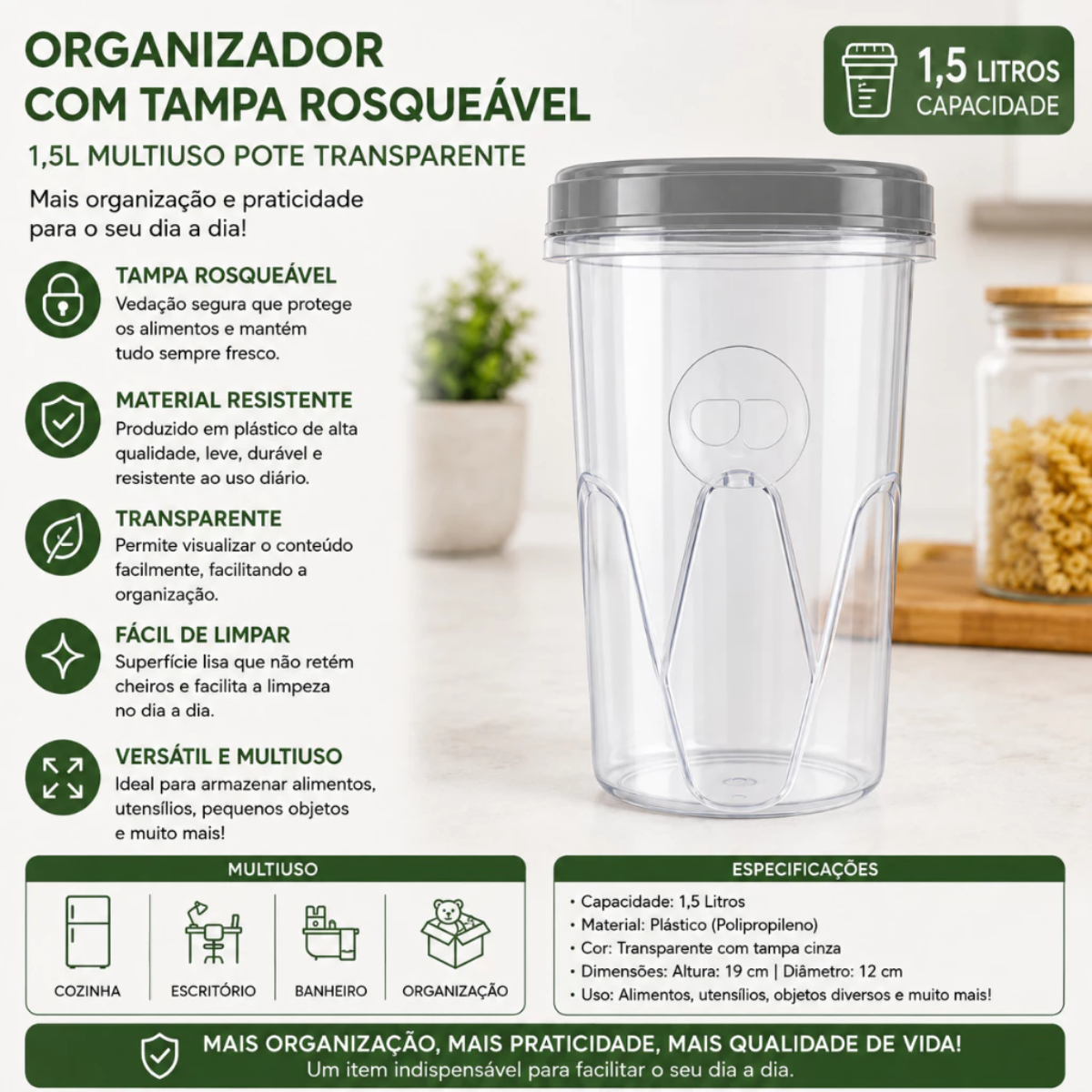 Organizador com Tampa Rosqueável 1,5L Multiuso