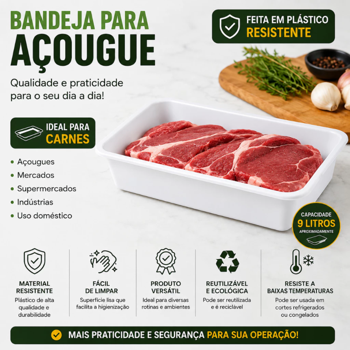 Bandeja Plástica 9 Litros para Carnes Alimentos Açougue