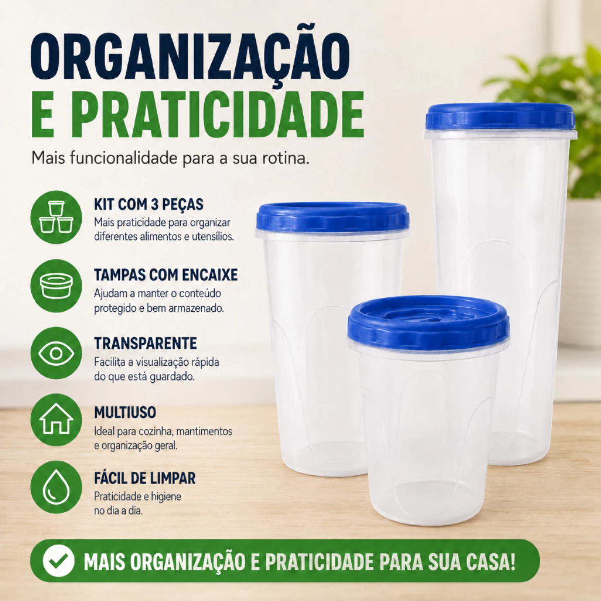 Kit 3 Pote Organizador Tampa Rosqueável 1L 1,5L e 2L Para Cozinha