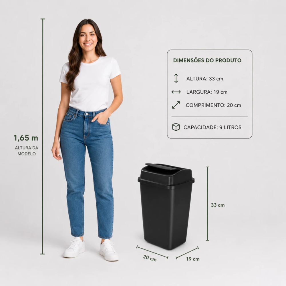 Lixeira Preta 9 Litros com Tampa Basculante Multiuso