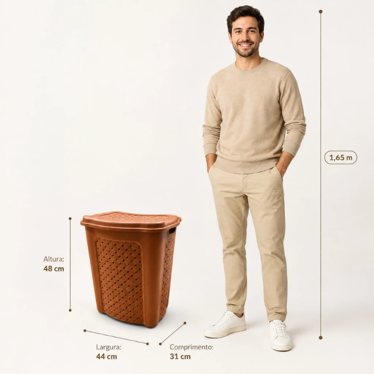 Cesto de Roupa Suja 45 L Rattan Cor Terracota com Tampa e Alça