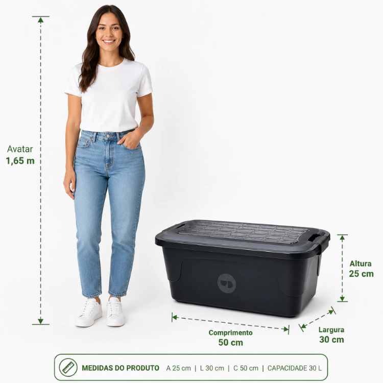Caixa Cesto Organizador Tampa com Trava 9L/15L e 30L Organização Multiuso