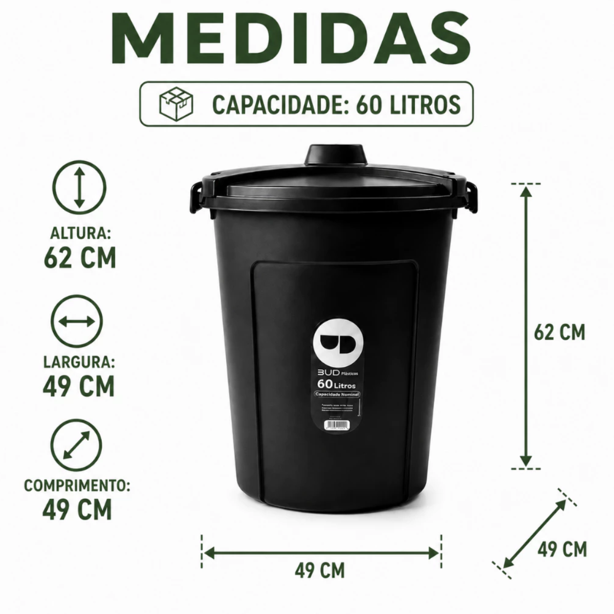 Lixeira Cesto 60Litros Com Trava Preto