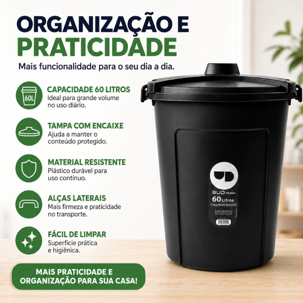 Lixeira Cesto 60Litros Com Trava Preto