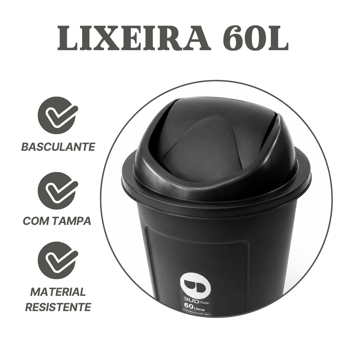 Lixeira Profissional 60 Litros em Plástico Reforçado - Ideal para Restaurantes e Empresas